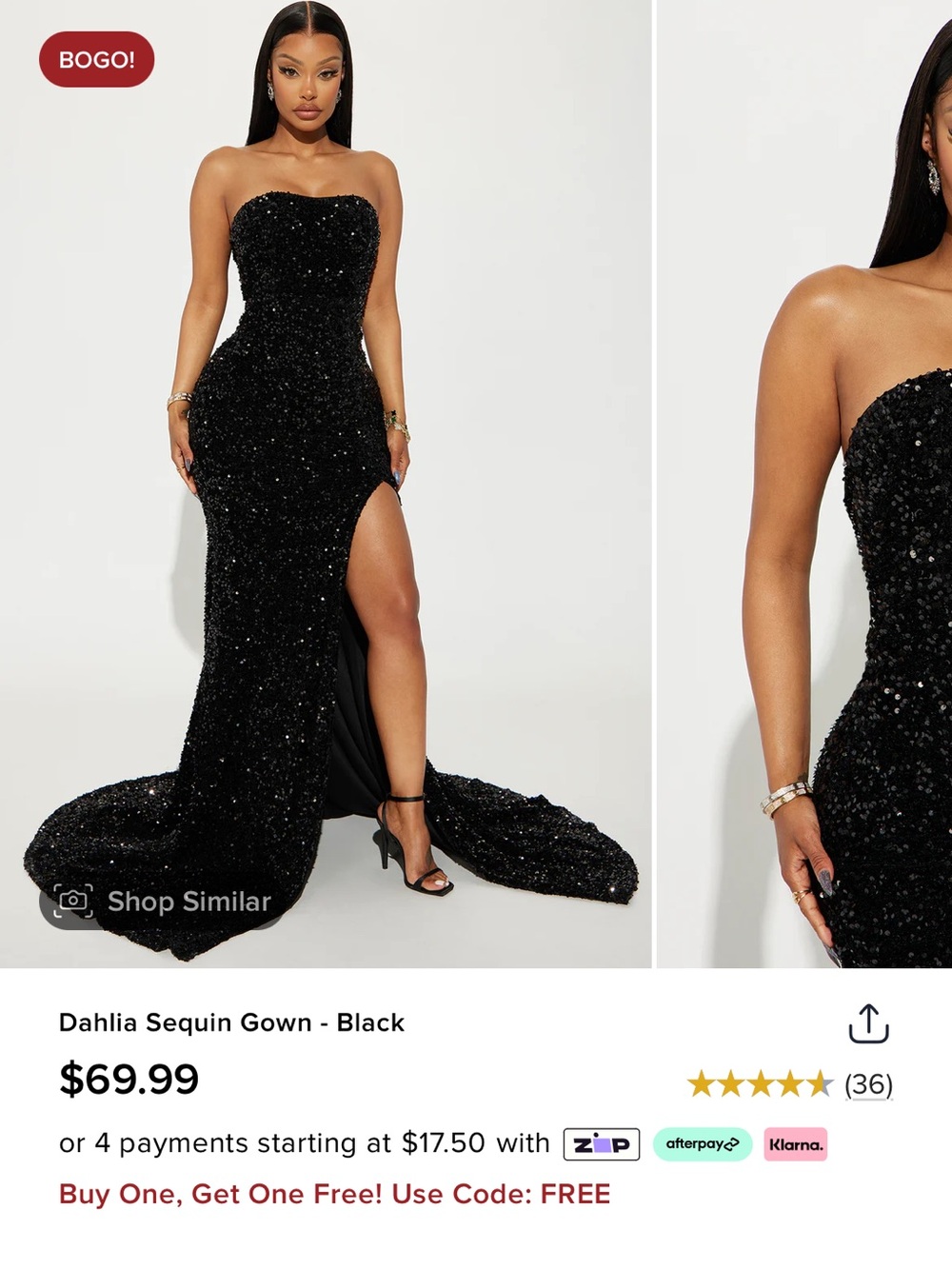 Dalia Strapless Sequin Gown in Black with High Slit